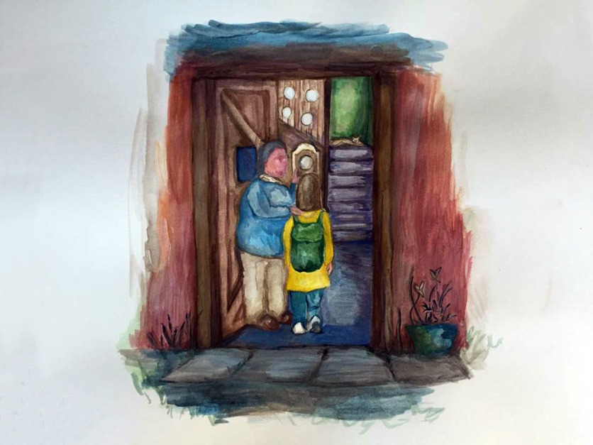 Working illustration depicting the welcoming scene of Mary arriving at Grandmas.