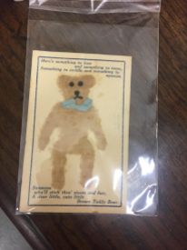 This is a sweet old card that featured a bear cut out for someone to keep. The idea was that it would be a friend and support the beholder.